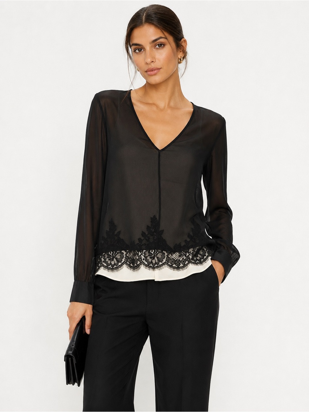 Robert Rodriguez Silk Layered Blouse Black Ivory Double Layer Lace Hem